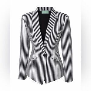 Judith March Black White Striped Blazer Preppy Chic Tailored Jacket- Large